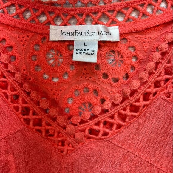 NWT John Paul Richard Peasant Blouse Large Coral Boho Casual Top Crochet Eyelet - Picture 2 of 13